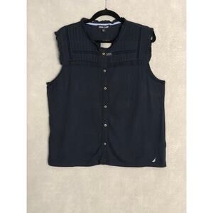 Nautica Jeans Women's Large Sleeveless Ruffle Top Navy NEW